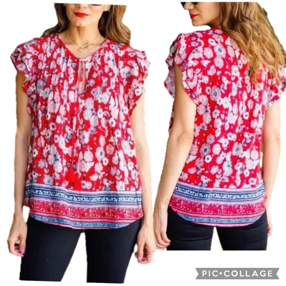 Knox Rose Red and White Floral Flutter Sleeve Peasant Boho Blouse – Size XS - Picture 1 of 12